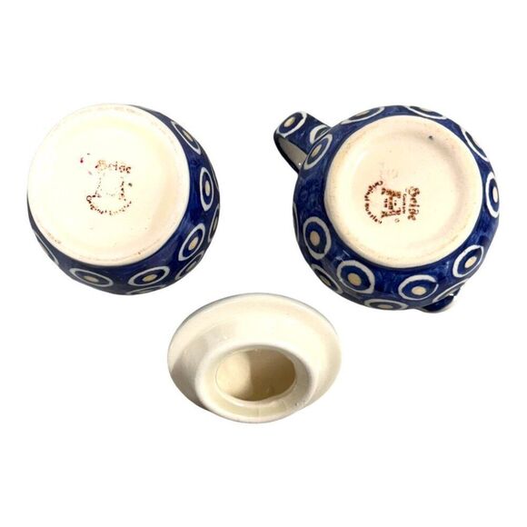 Vintage Gerlach PolkCeramic Polish Pottery Sugar & Creamer Set Blue White Circle - Picture 3 of 5